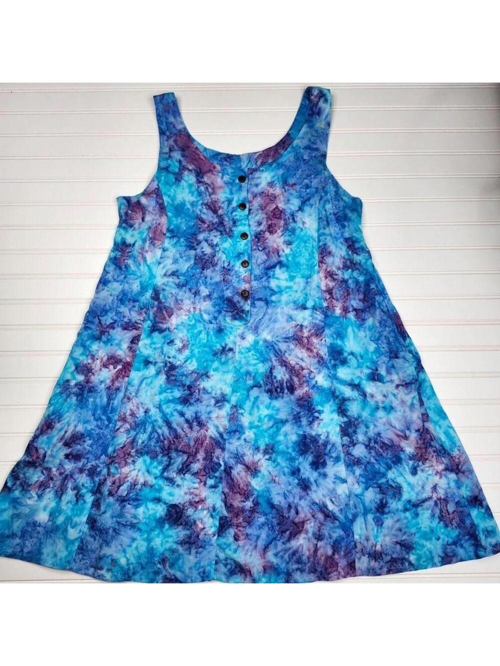 Hula Hula Hawaii Blue Purple Tie Dye Rayon Tank Dress Made in Hawaii L